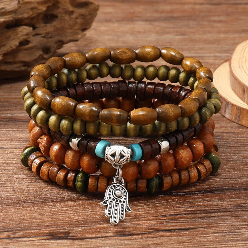 Boho Charm Bracelet Set: Wood Beads & Ethnic Charms