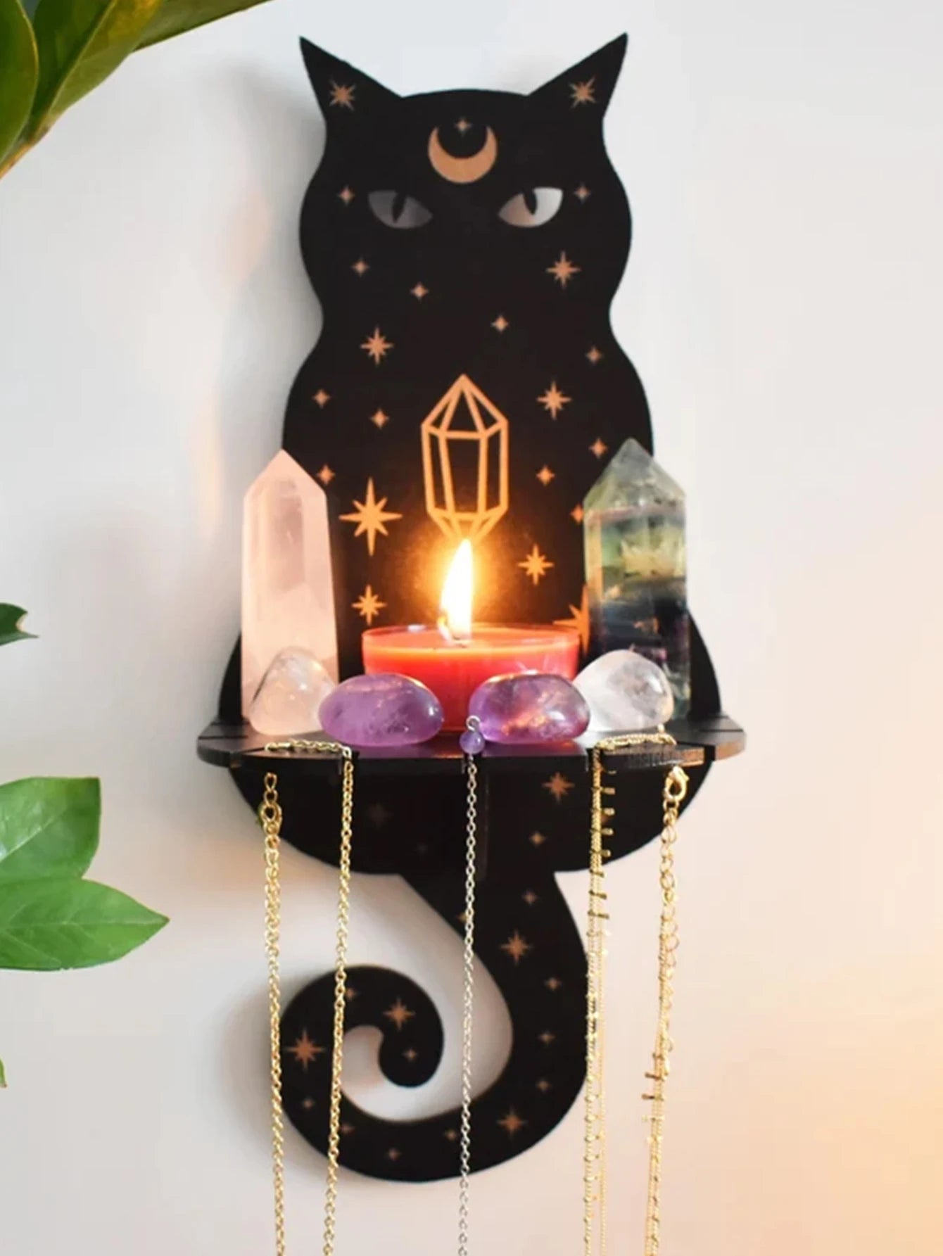 Black Cat Moon Phase Wooden Shelf for Witchy Home Decor