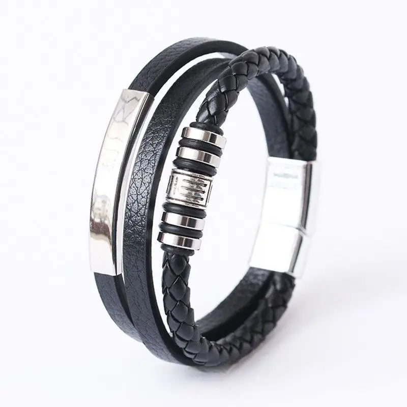 Trendy Men’s Leather Bracelets: Stainless Steel & Braided Rope