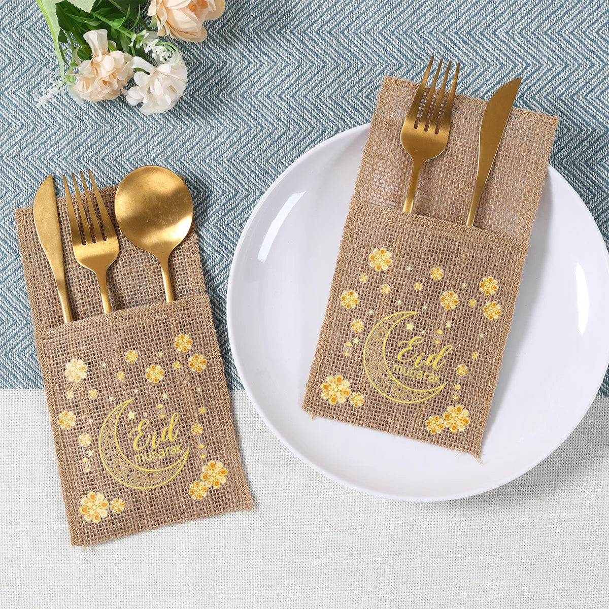 EID Mubarak 2025 Moon & Star Tableware Bags - Ramadan & Eid Al Adha Decor