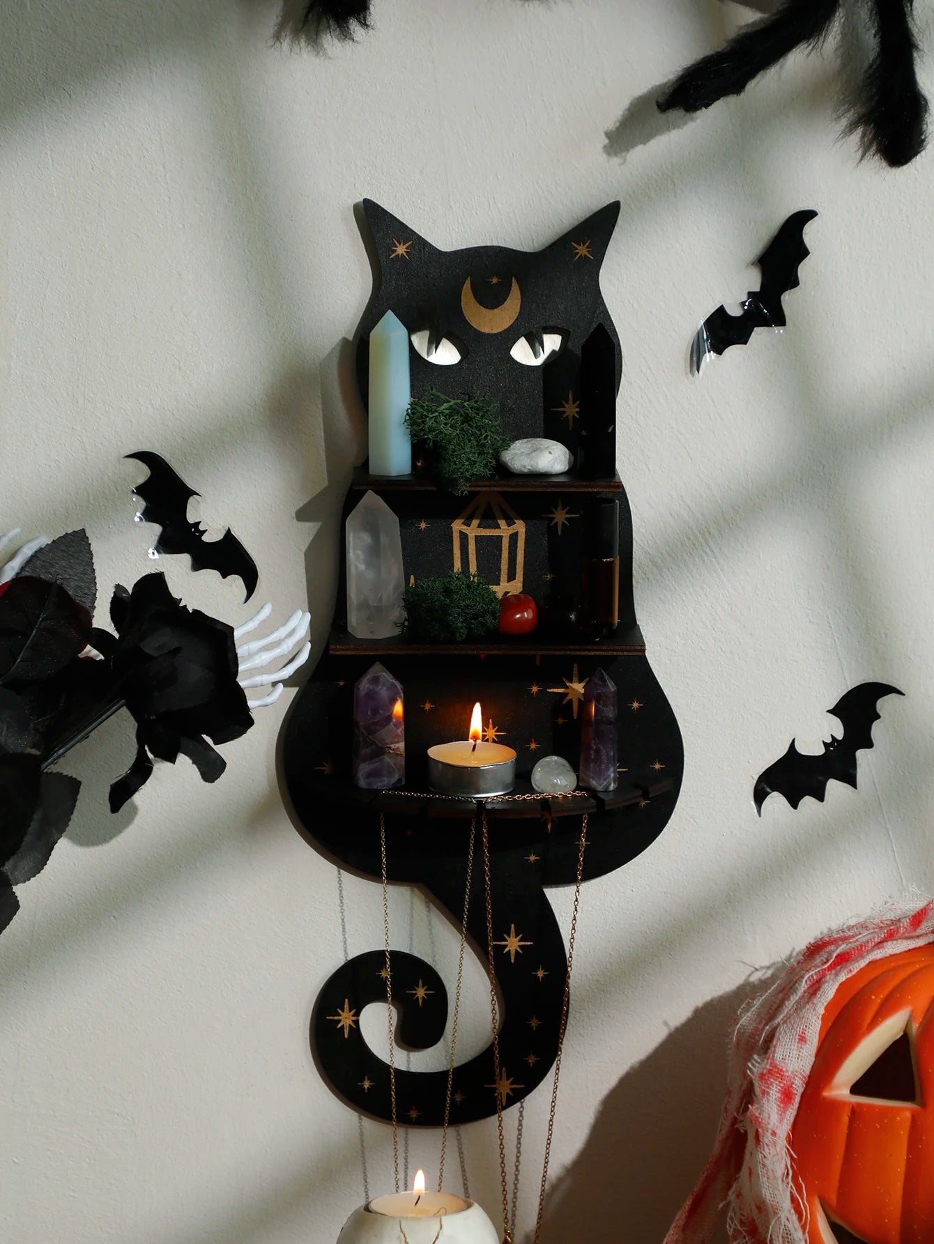 Black Cat Moon Phase Wooden Shelf for Witchy Home Decor