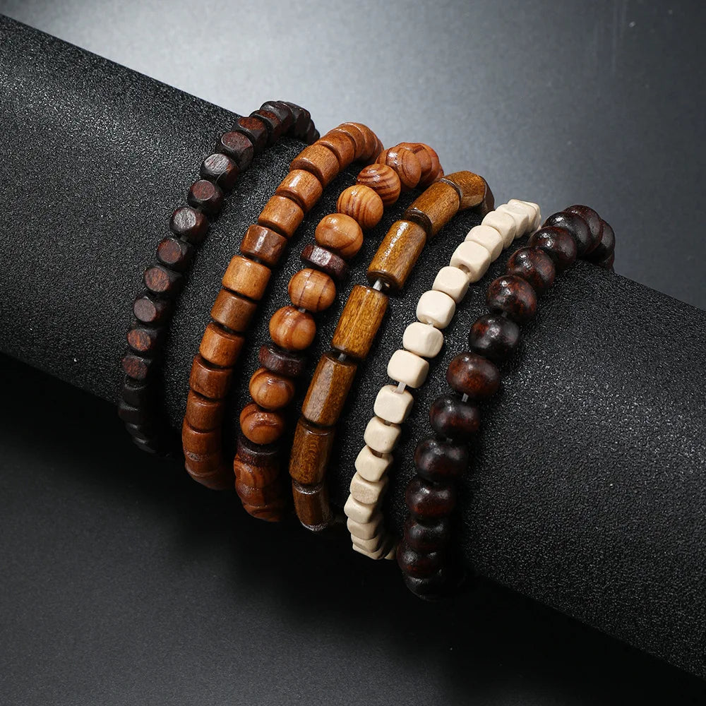 Vintage Tribal Leather Bracelets Set: Life Tree, Rudder & Wood Beads