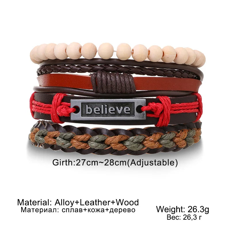 Vintage Tribal Leather Bracelets Set: Life Tree, Rudder & Wood Beads