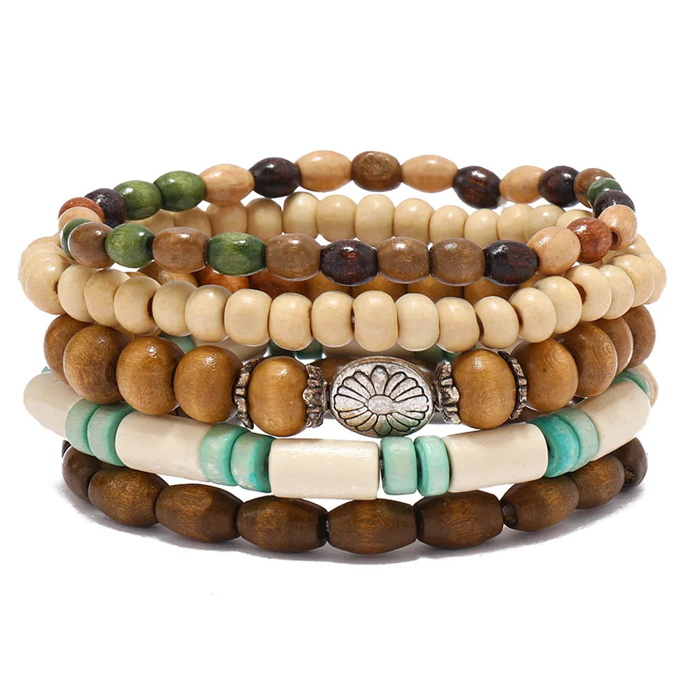 Boho Charm Bracelet Set: Wood Beads & Ethnic Charms