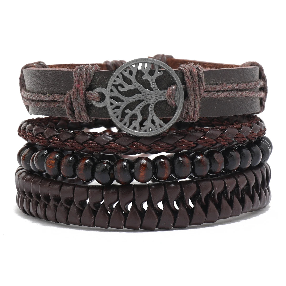 Vintage Tribal Leather Bracelets Set: Life Tree, Rudder & Wood Beads