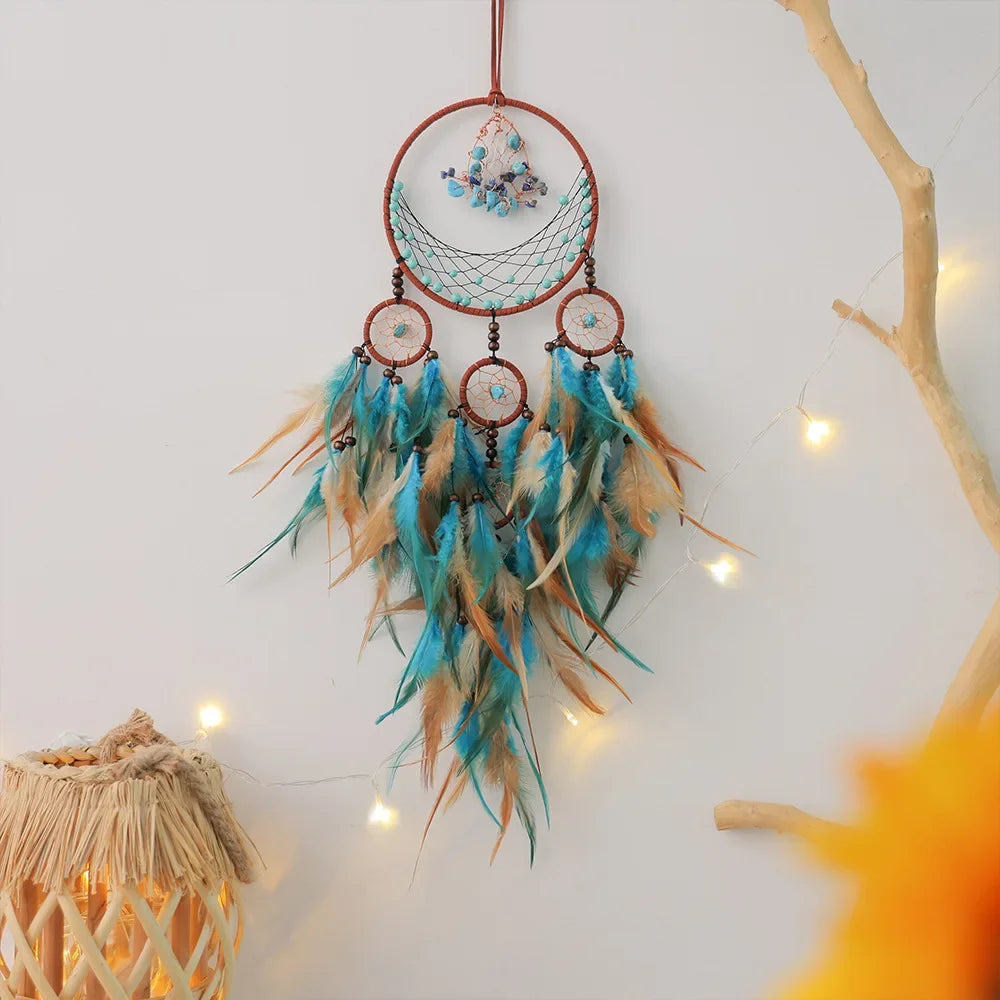 Handmade Dream-Catchers Hanging with Rattan Bead Feathers Wall Car Decoration Ornament Dreamcatchers Decoration Wind Chimes