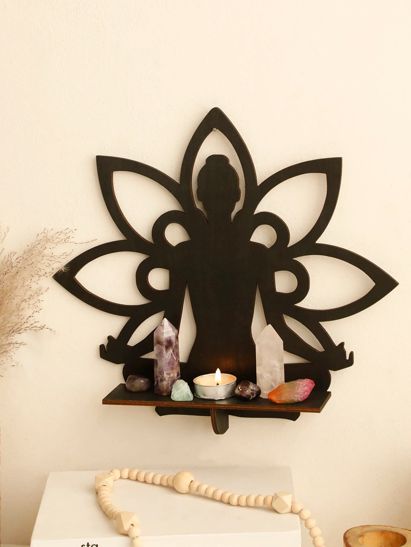 Buddha Boho Wooden Wall Shelf - Lotus Crystal Display Stand