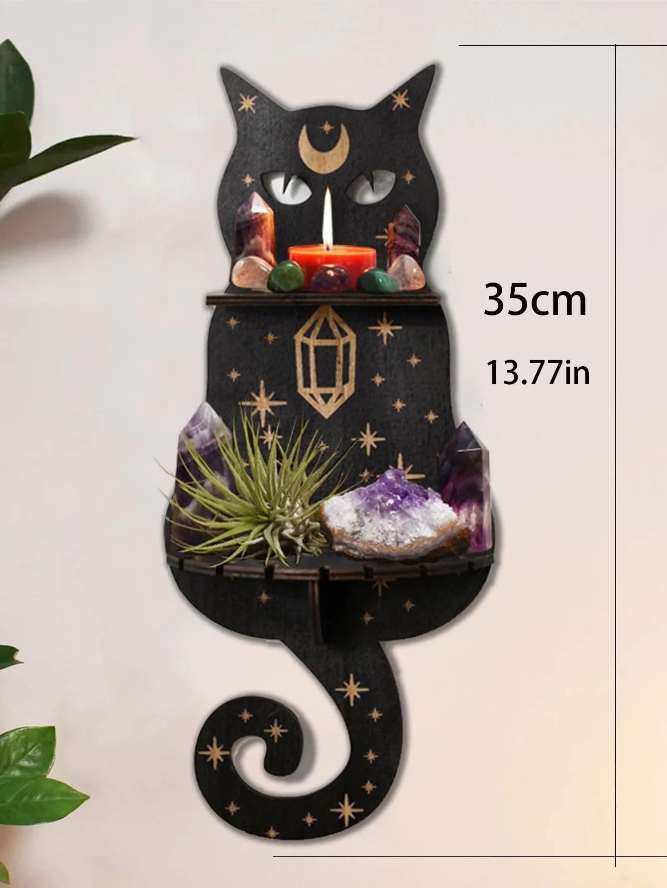 Black Cat Moon Phase Wooden Shelf for Witchy Home Decor