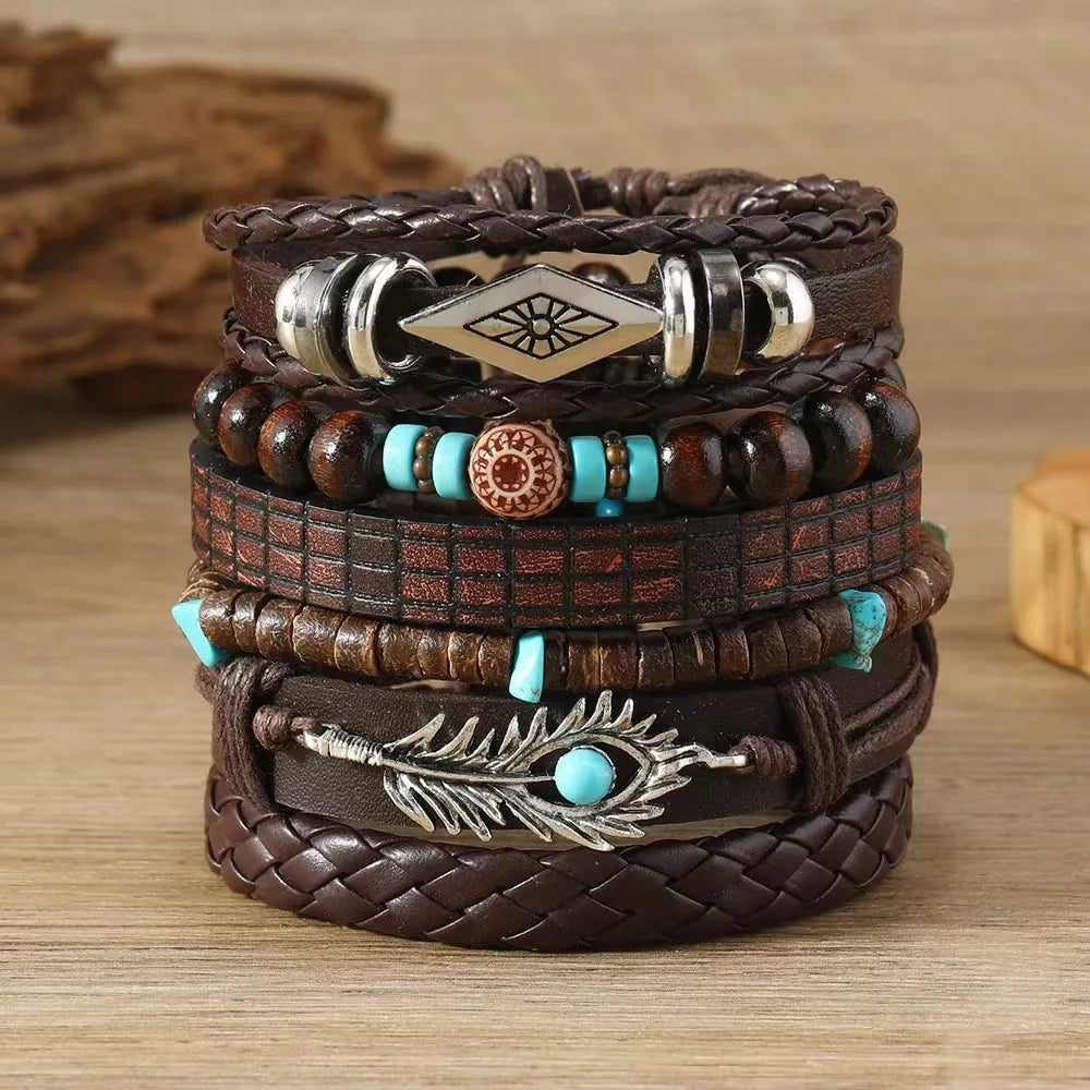 Juego de pulseras con dijes bohemios: pluma, ojo malvado, mano de Fátima y más