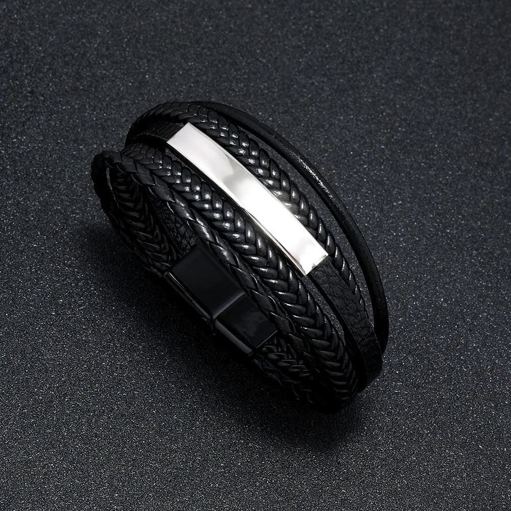 Trendy Men’s Leather Bracelets: Stainless Steel & Braided Rope