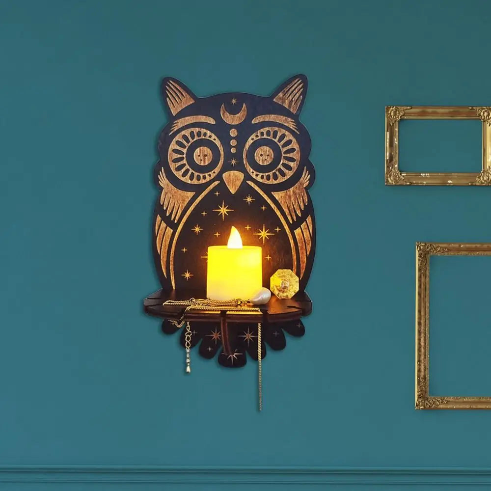 Owl Carved Wooden Candle Holder and Crystal Display Shelf