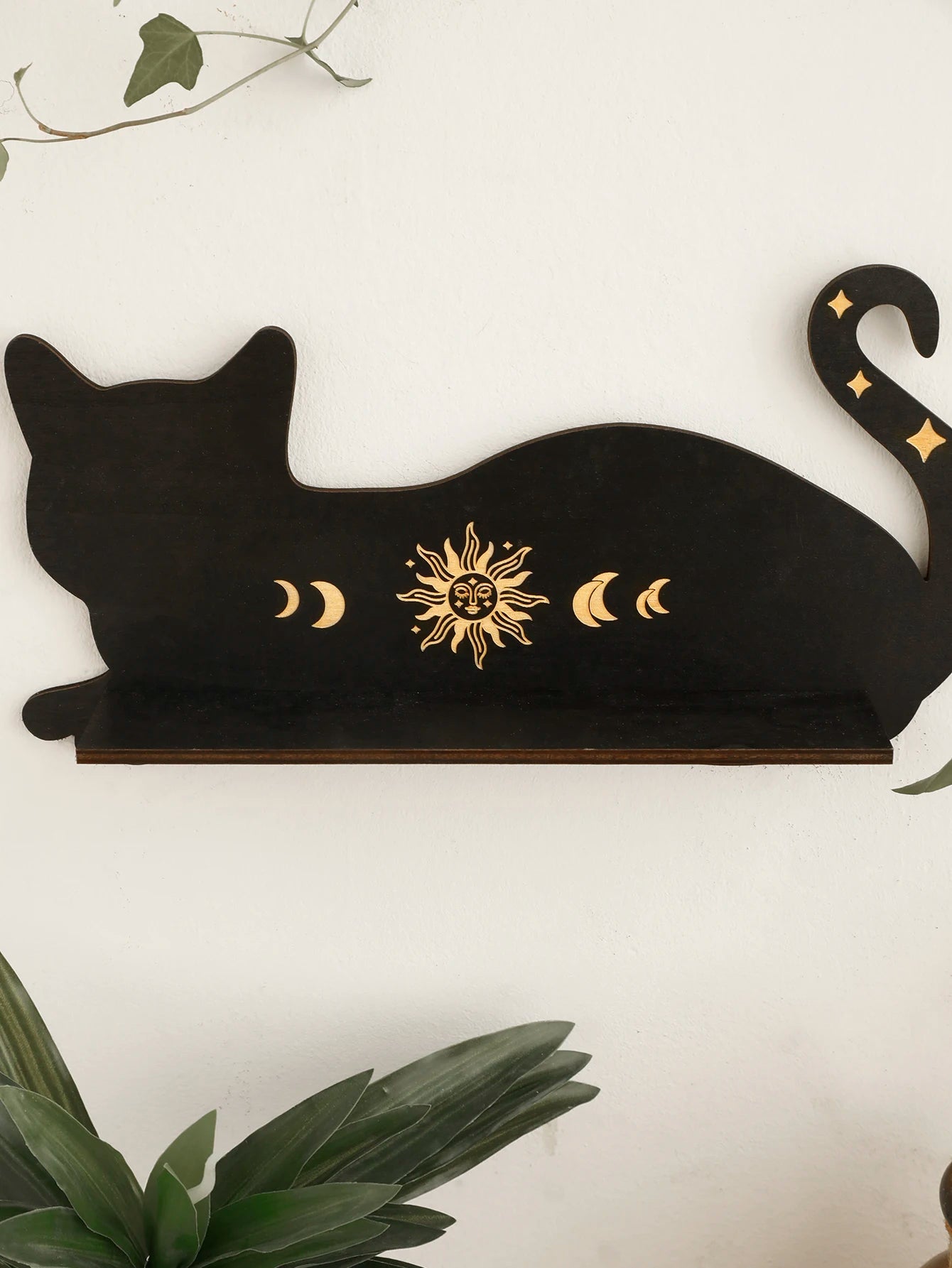 Black Cat Moon Phase Wooden Shelf for Witchy Home Decor