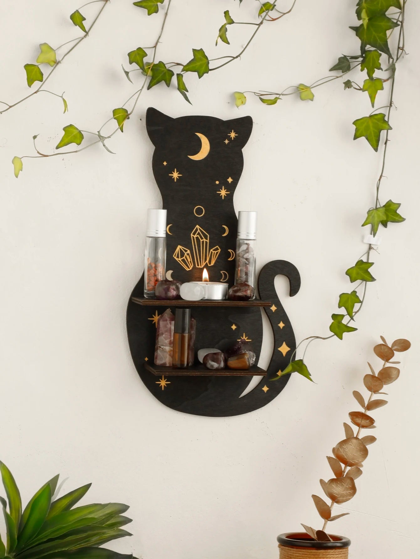 Black Cat Moon Phase Wooden Shelf for Witchy Home Decor