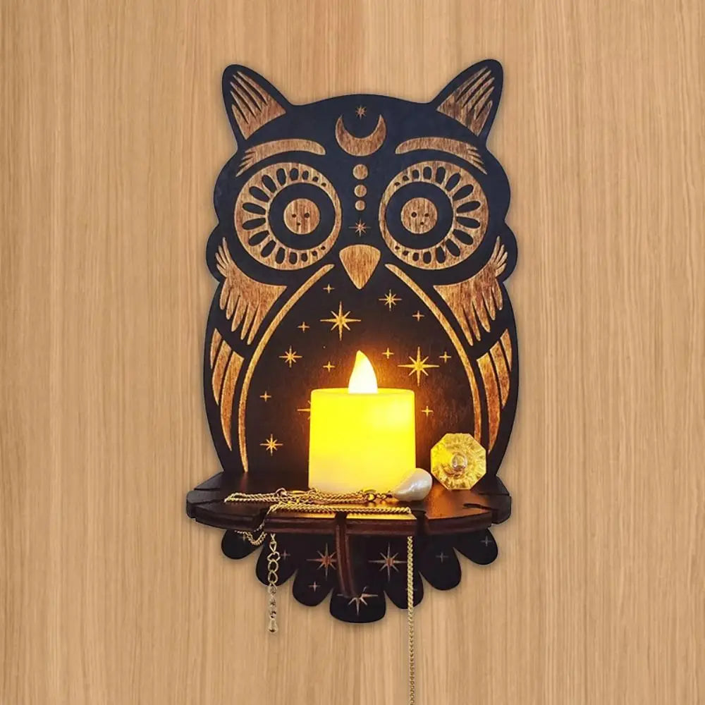 Owl Carved Wooden Candle Holder and Crystal Display Shelf