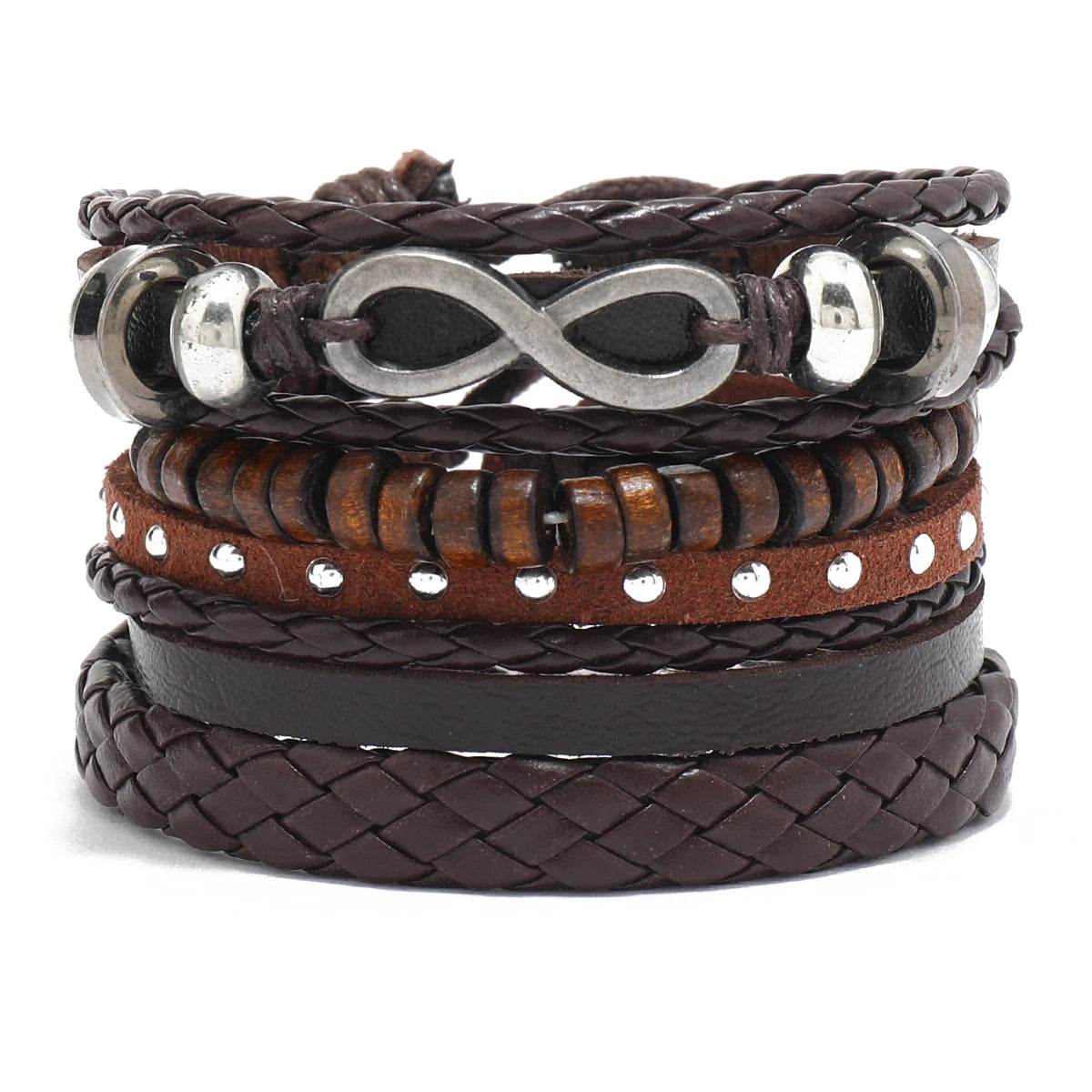 Vintage Tribal Leather Bracelets Set: Life Tree, Rudder & Wood Beads