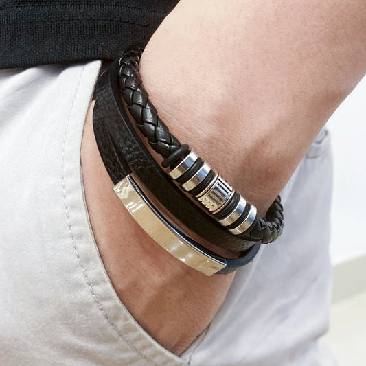 Pulseras de cuero de moda para hombres: acero inoxidable y cuerda trenzada