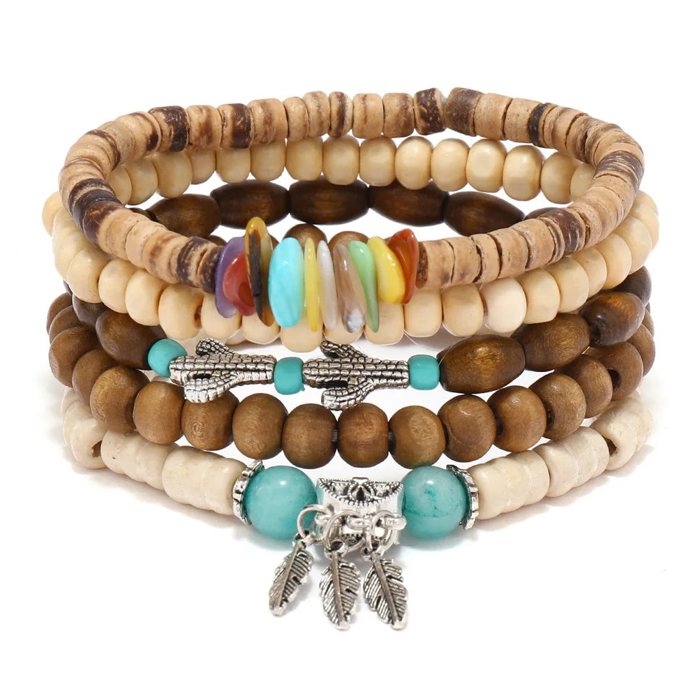 Boho Charm Bracelet Set: Wood Beads & Ethnic Charms