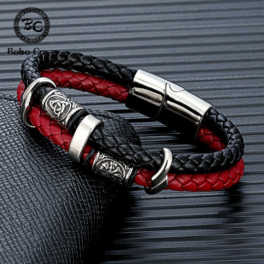 Bracelet boussole viking vintage : cuir véritable et runes nordiques