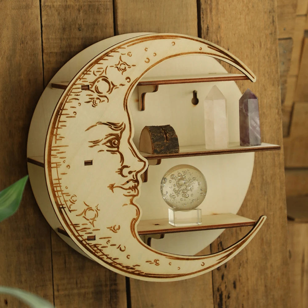 Moon Face Wooden Floating Shelf - Boho Wall Decor