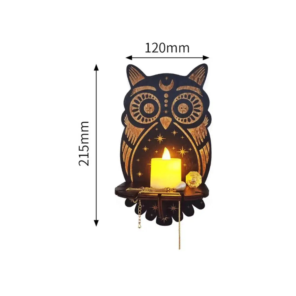 Owl Carved Wooden Candle Holder and Crystal Display Shelf