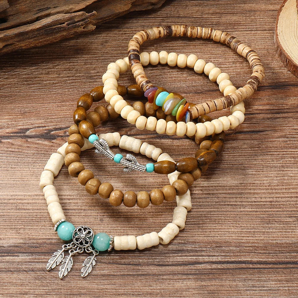 Boho Charm Bracelet Set: Wood Beads & Ethnic Charms