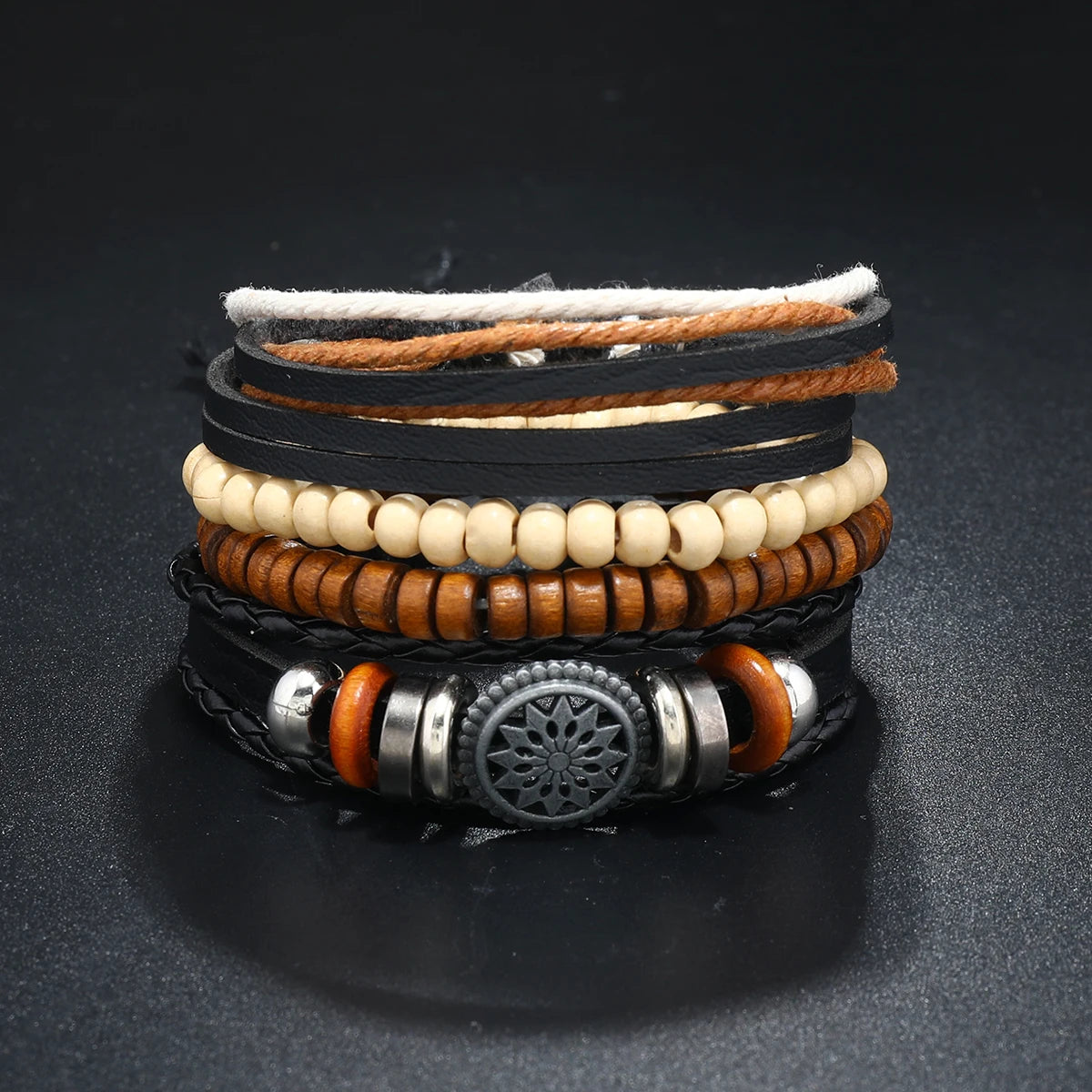 Vintage Tribal Leather Bracelets Set: Life Tree, Rudder & Wood Beads