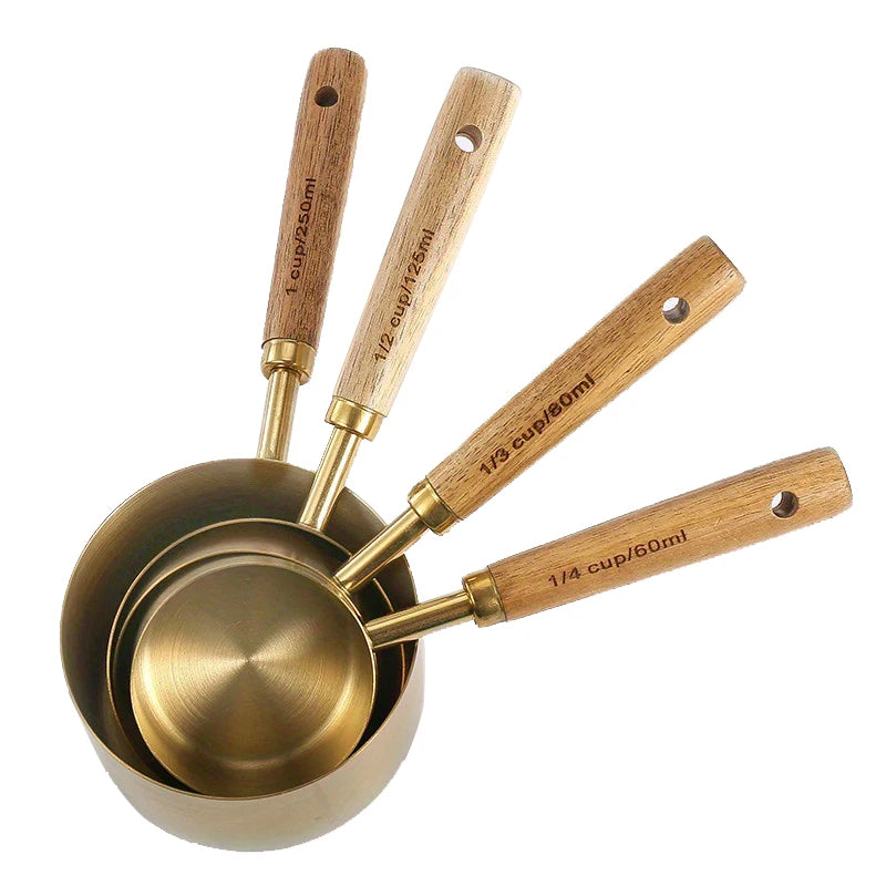 Wooden Handle Stainless Steel Measuring Cups & Spoons Set - 4/8 Pieces