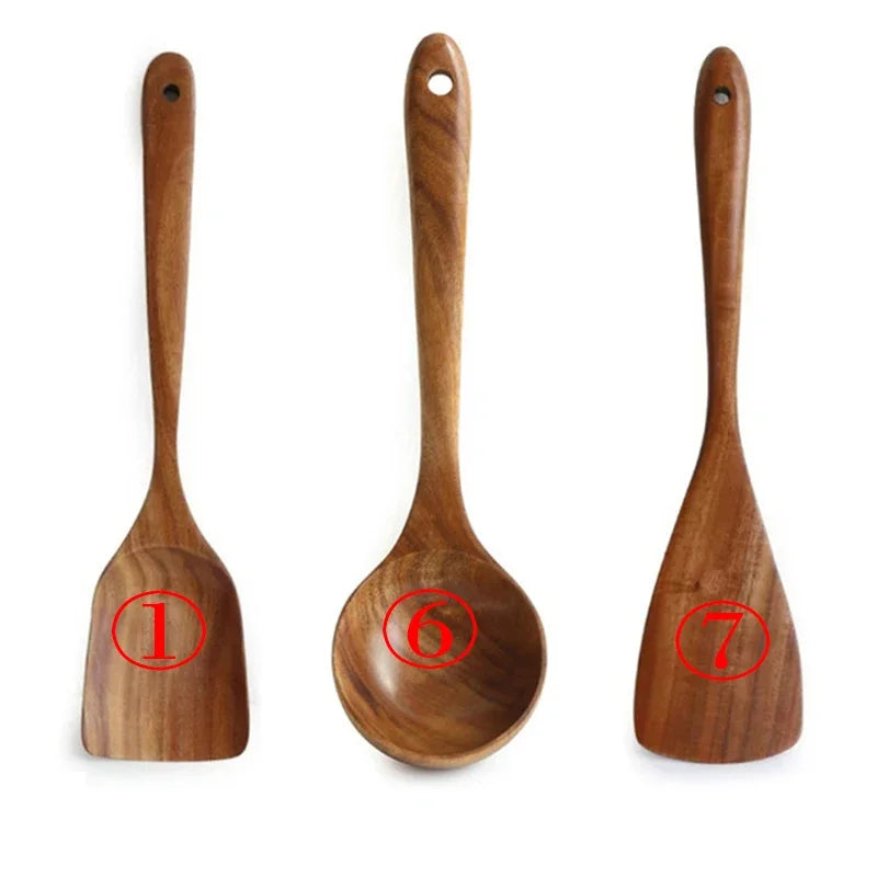 Juego de utensilios de cocina de madera de teca tailandesa de 7 piezas: colador de arroz, espumadera y cucharas para cocinar; ecológico y reutilizable